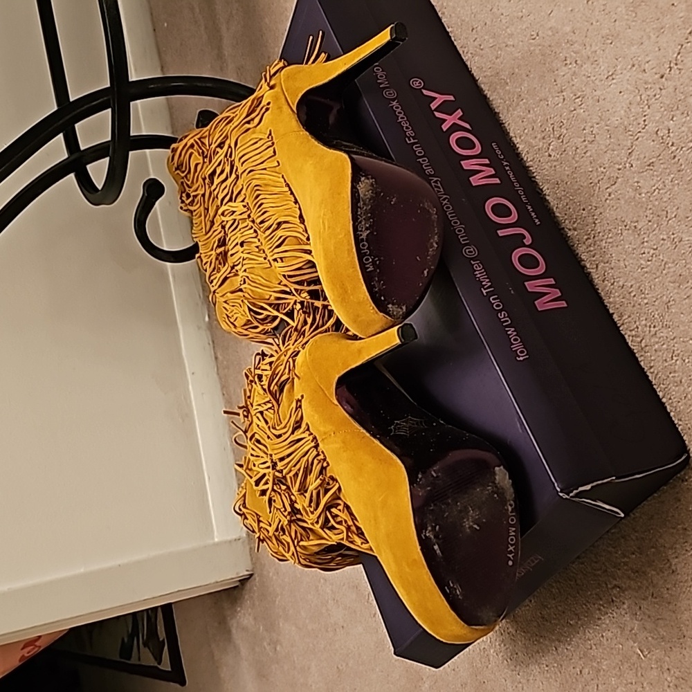 MOJO MOXY MUSTARD KNEE HIGH FRINGE PLATFORM BOOTS - Picture 3 of 5